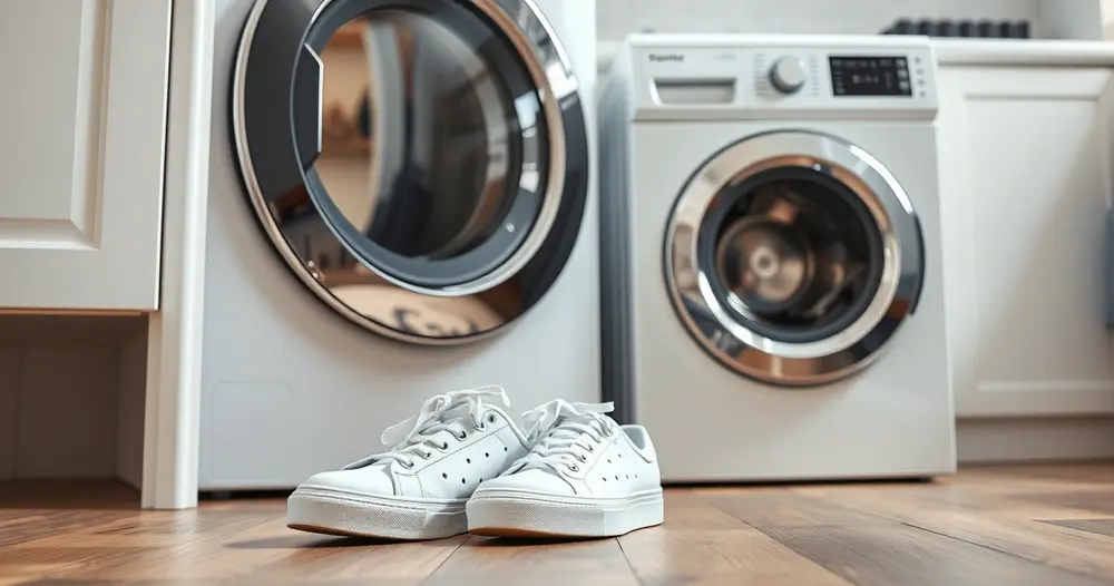 Par de tênis esportivo branco ao lado de máquina de lavar